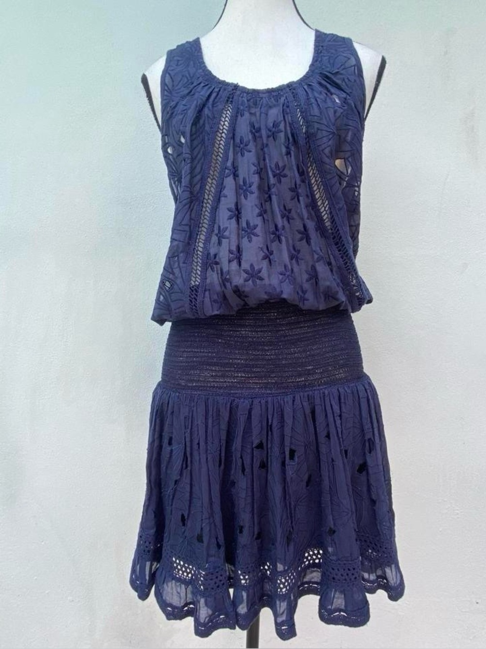 Ramy Brook Navy Blue Cutout Semi Sheer Smocked Waist Sleeveless Mini Dress Size